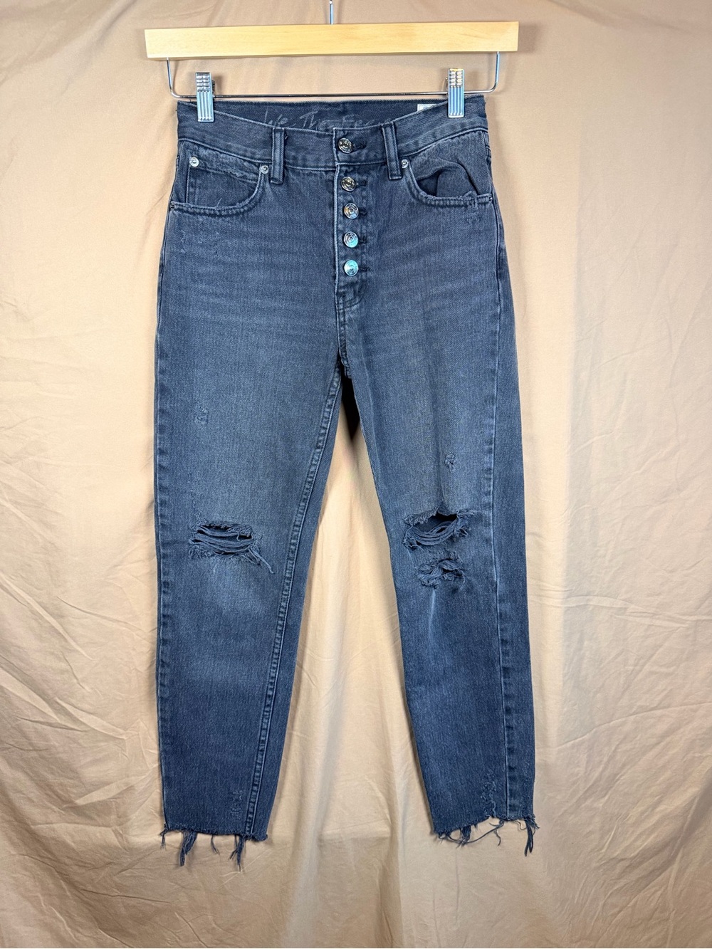 Free People We The Free Jeans 24 Washed Black Button Fly Ripped Mom 90s Grunge